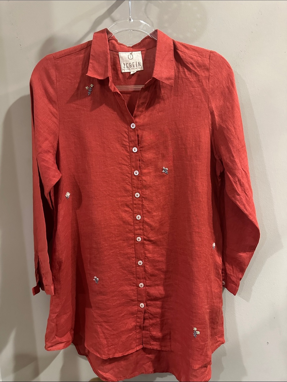 ZEBEIN Women's Barn Red Button-Down Linen Shirt